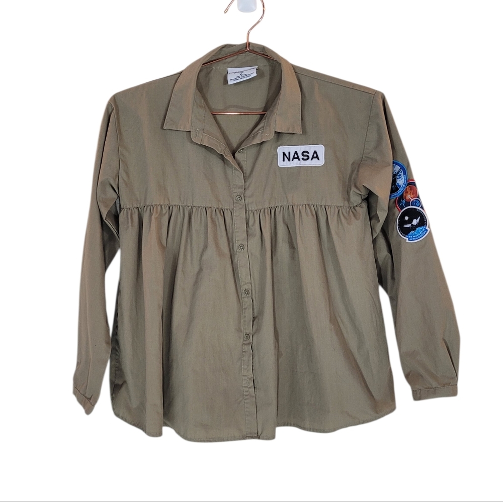 Buzz Aldrin Beige Button Front Peplum Top Size XL NASA Space Top